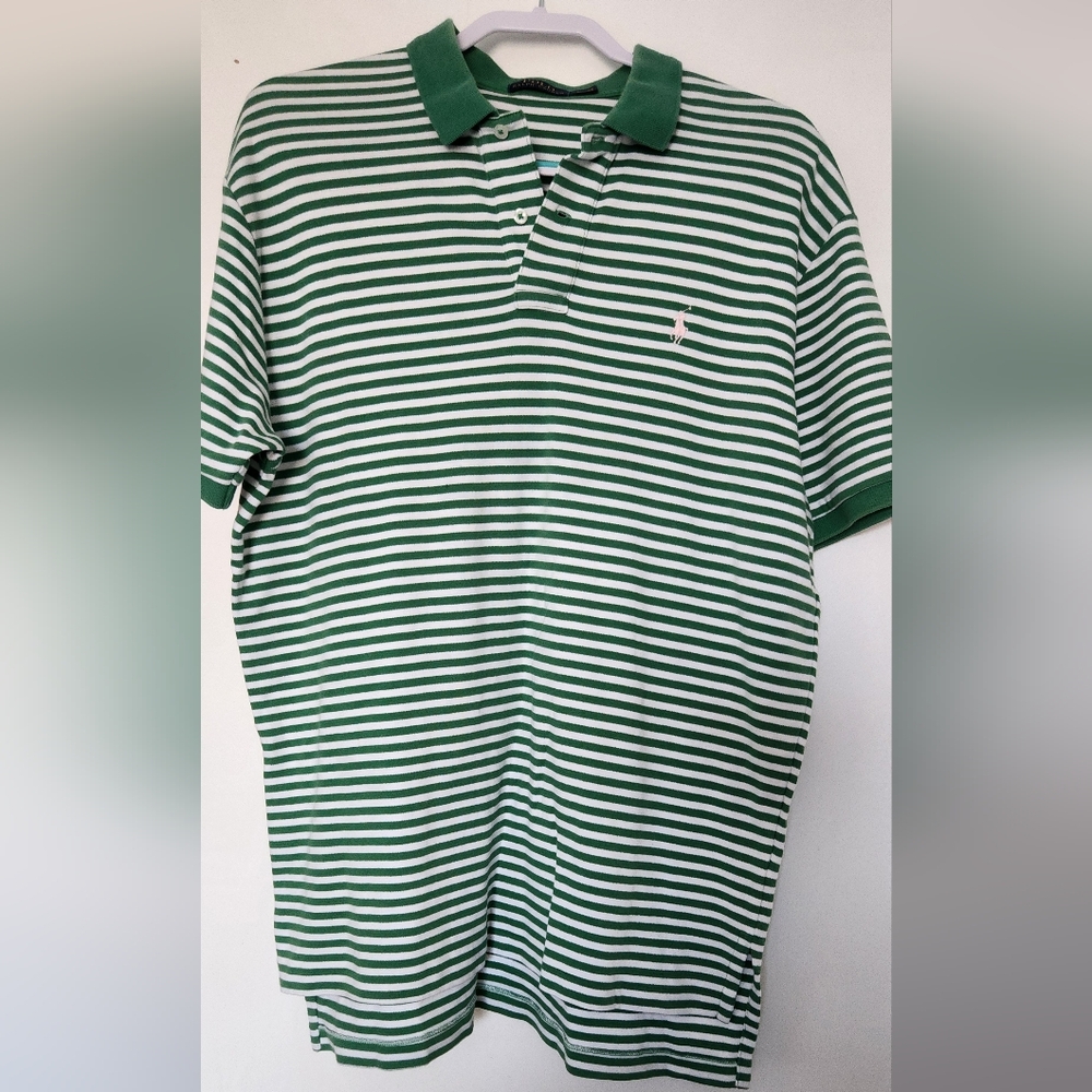 Ralph Lauren Green and White Striped Polo Shirt